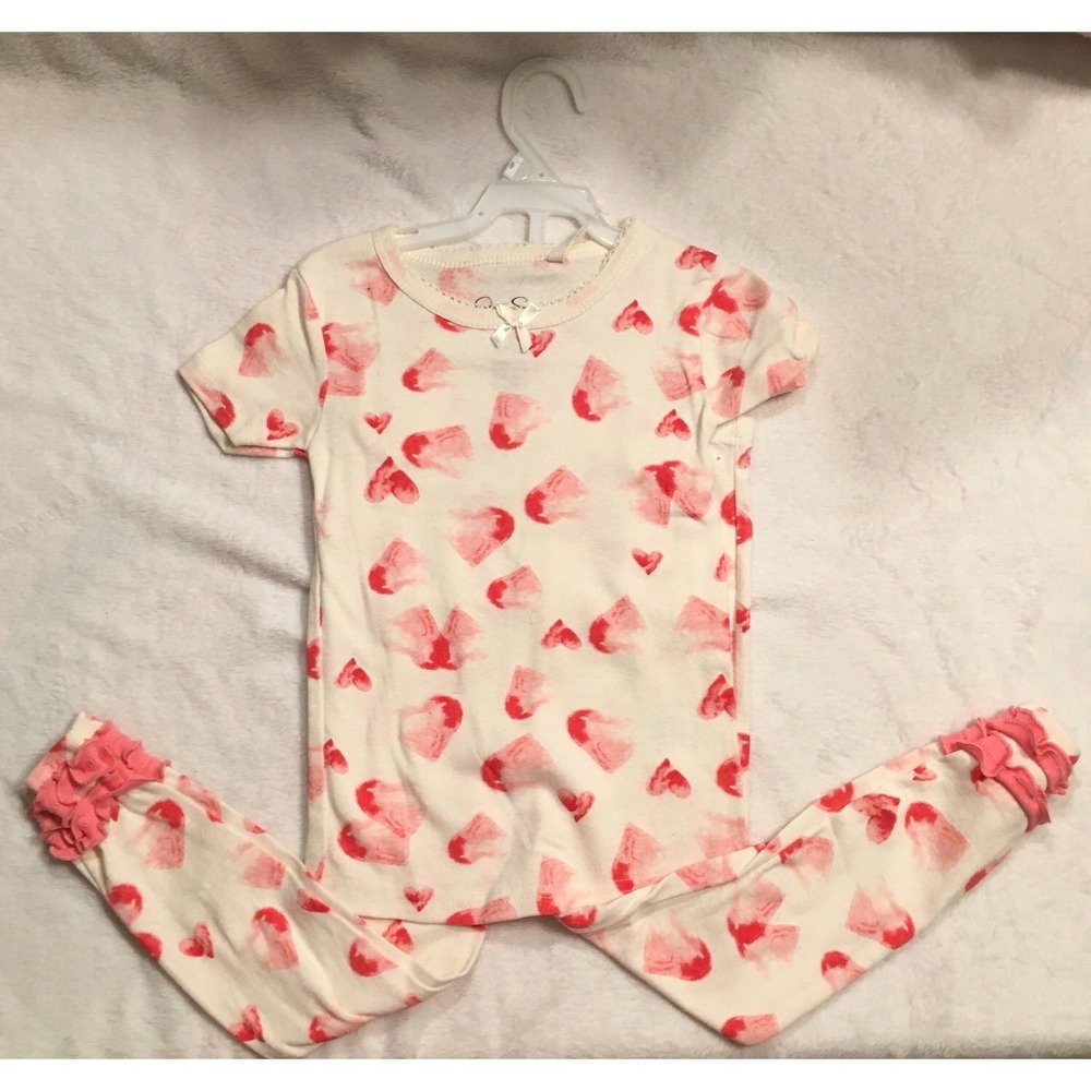 Jessica Simpson Pajama Set Kids Size 5 Cream Red Excellent Heart Ruffle Snug Fit